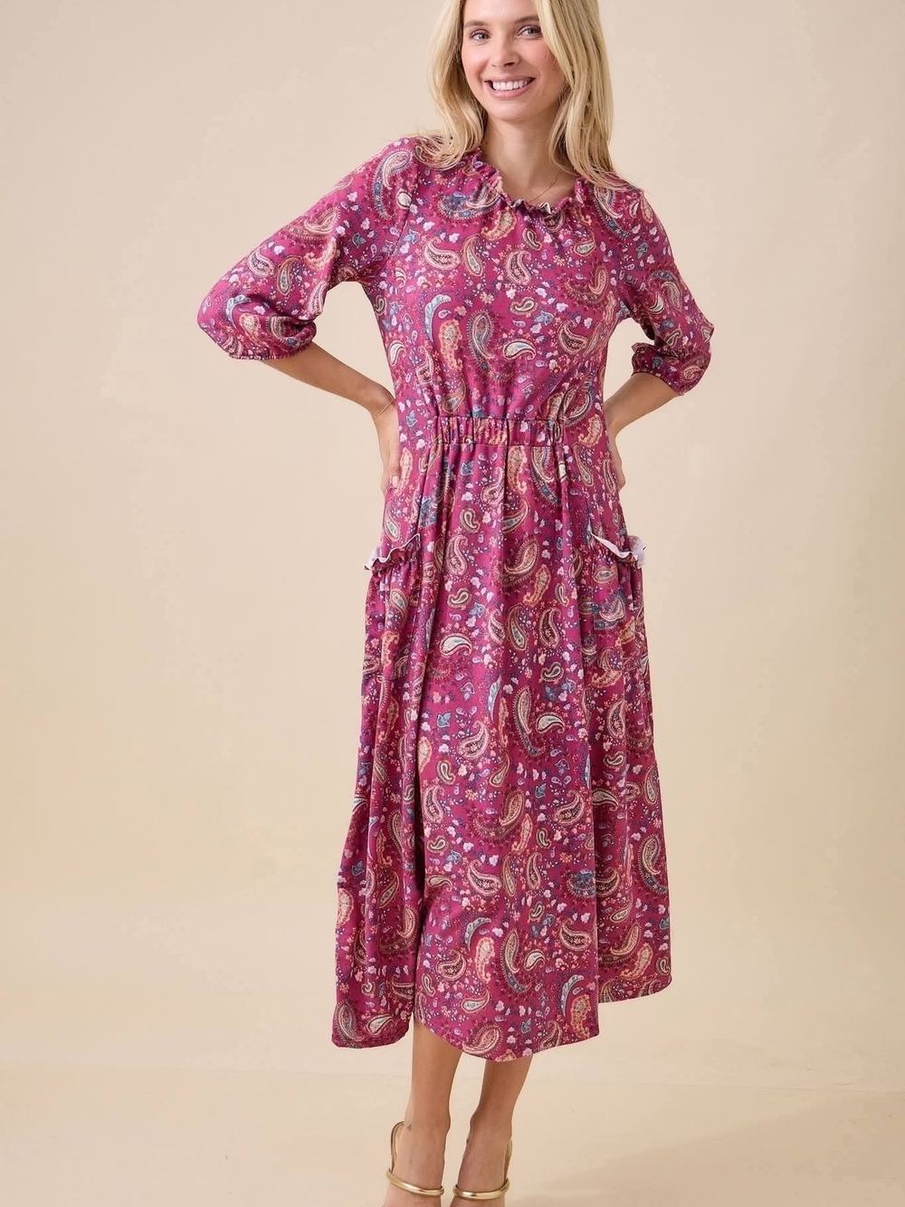 Celeste Pink Paisley Midi Dress with Ruffle Collar